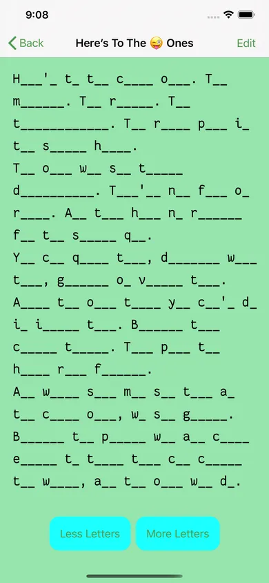 The first letter of each word is shown. all other letters are replaced with blanks.