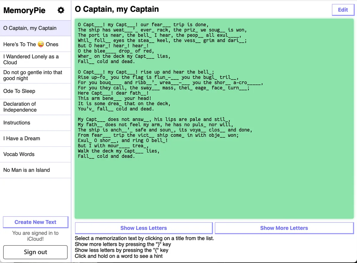 The first four letters of each word are shown. all other letters are replaced with blanks. There is a list on the left side with other texts to choose from.